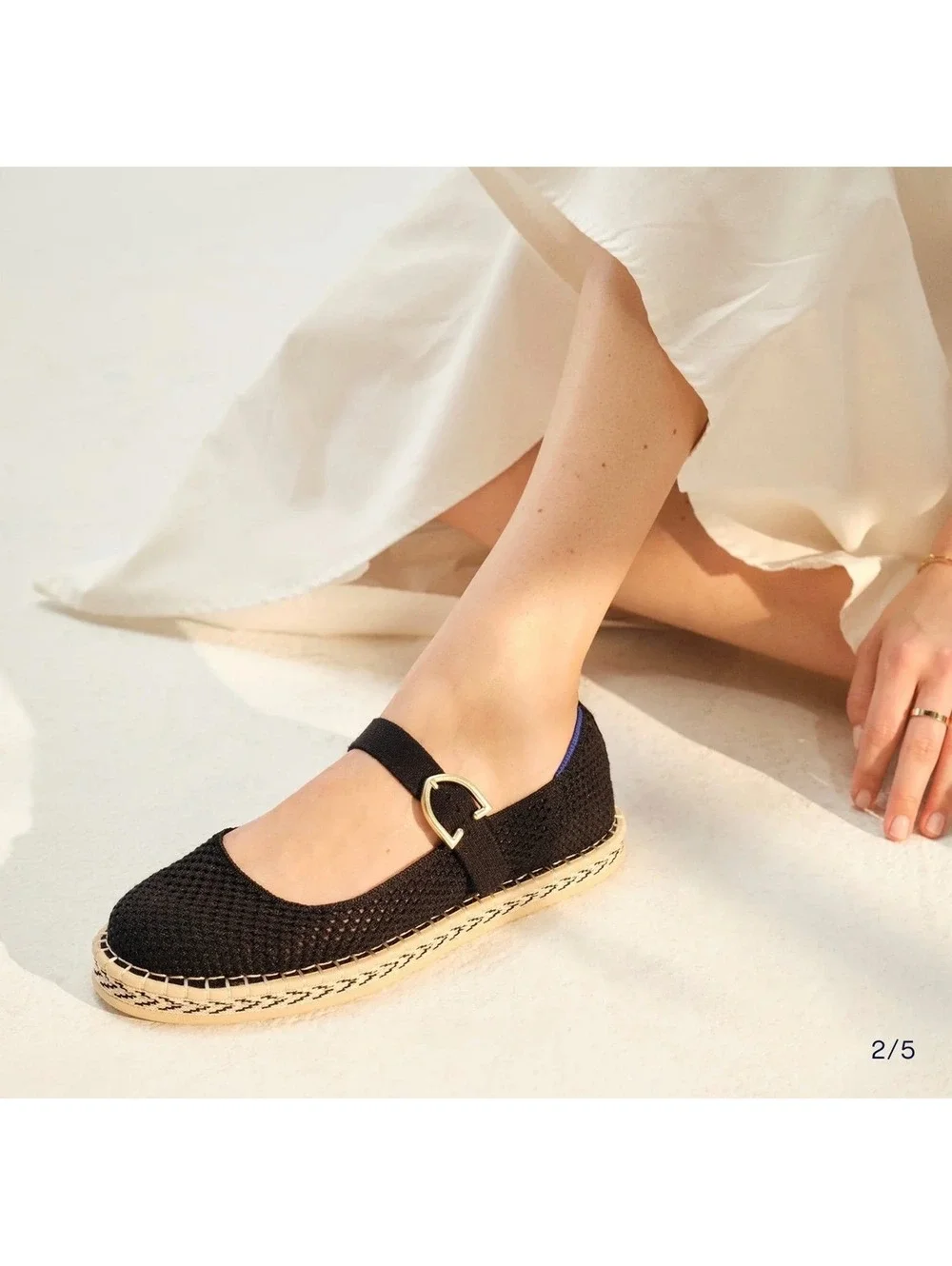 Rothy's Black Knit Espadrille Mary Jane Flats Size 12 Gold Buckle Sustainable